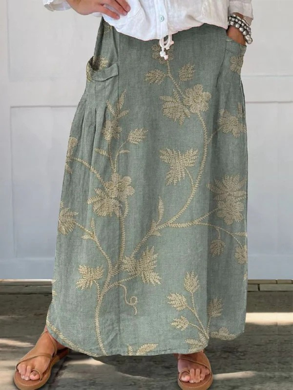 A Line Linen Blend Floral Print Maxi Skirt