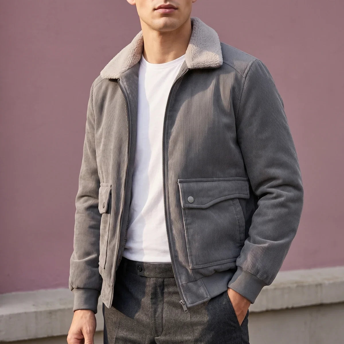 Fleece Lined Corduroy Jacket with Sherpa Collar