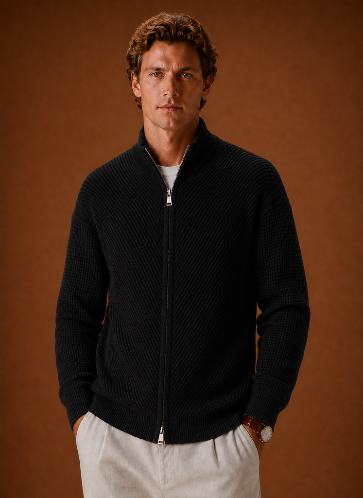 Full Zip Knit Cardigan with Stand Collar