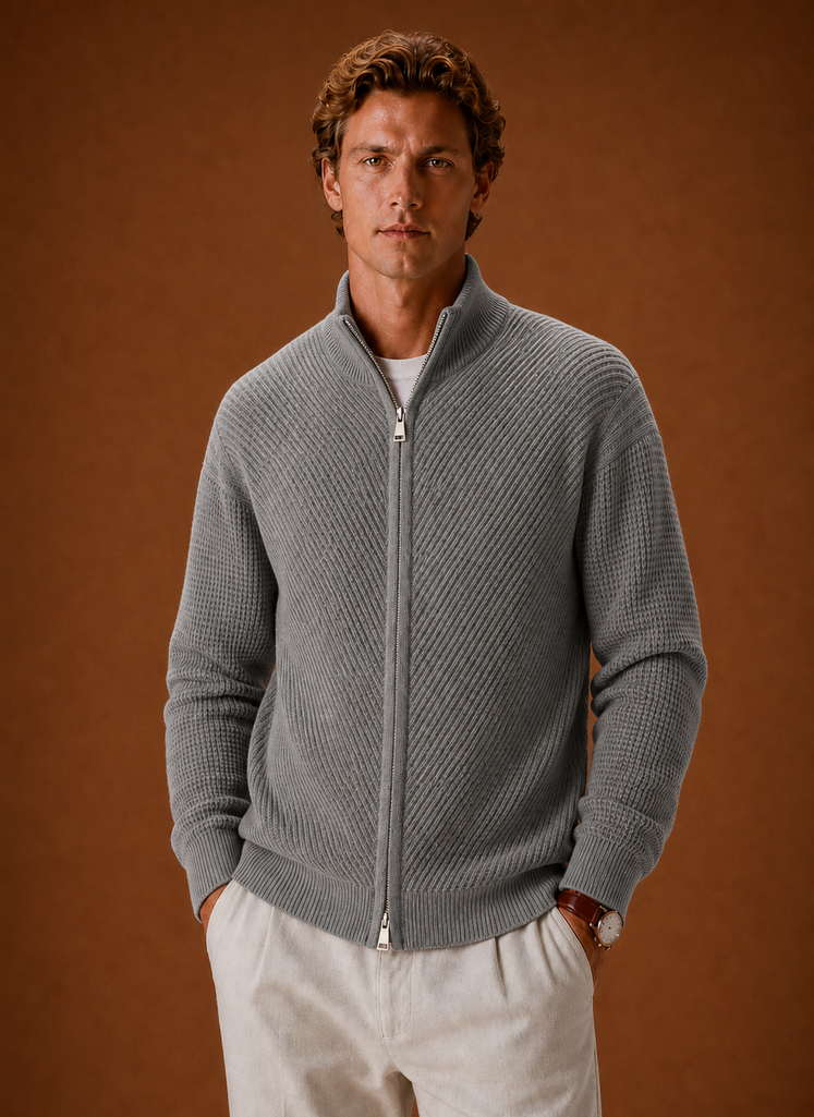 Full Zip Knit Cardigan with Stand Collar