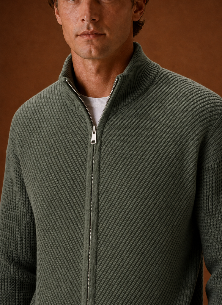 Full Zip Knit Cardigan with Stand Collar