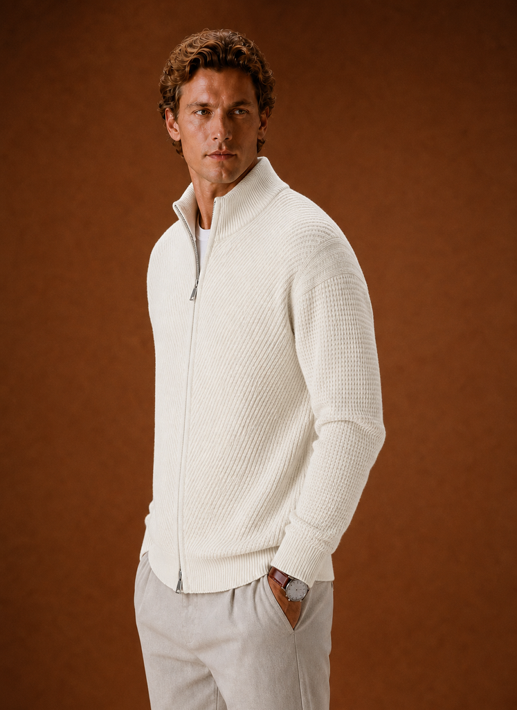 Full Zip Knit Cardigan with Stand Collar