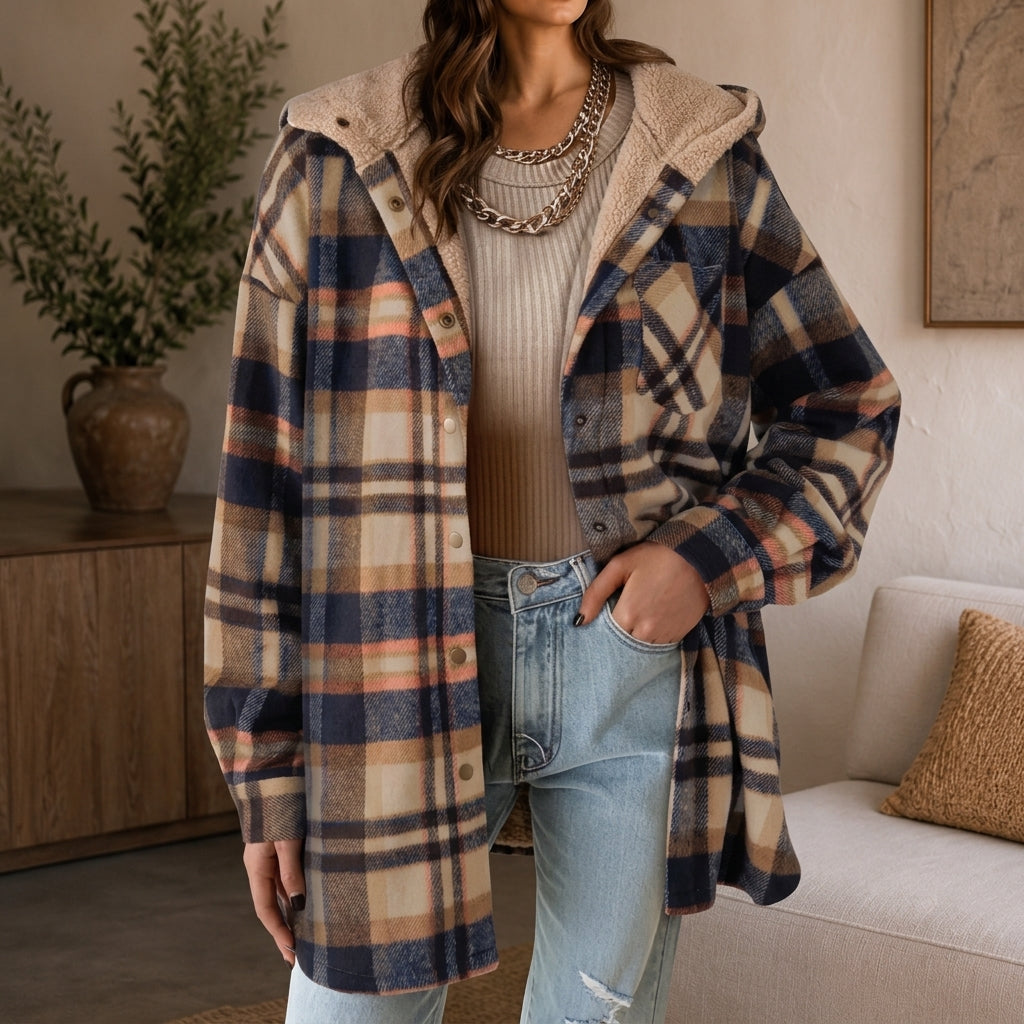 Hooded Plaid Flannel Shirt Jacket