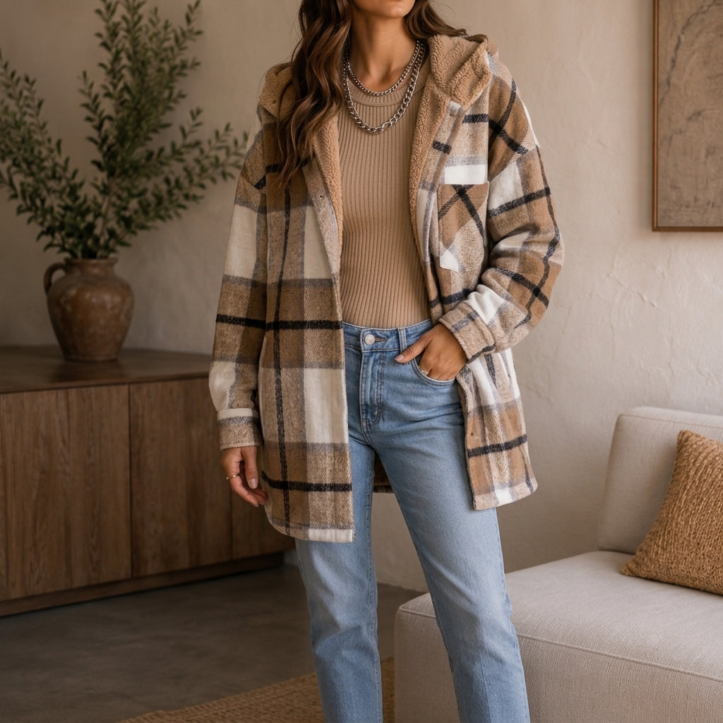 Hooded Plaid Flannel Shirt Jacket