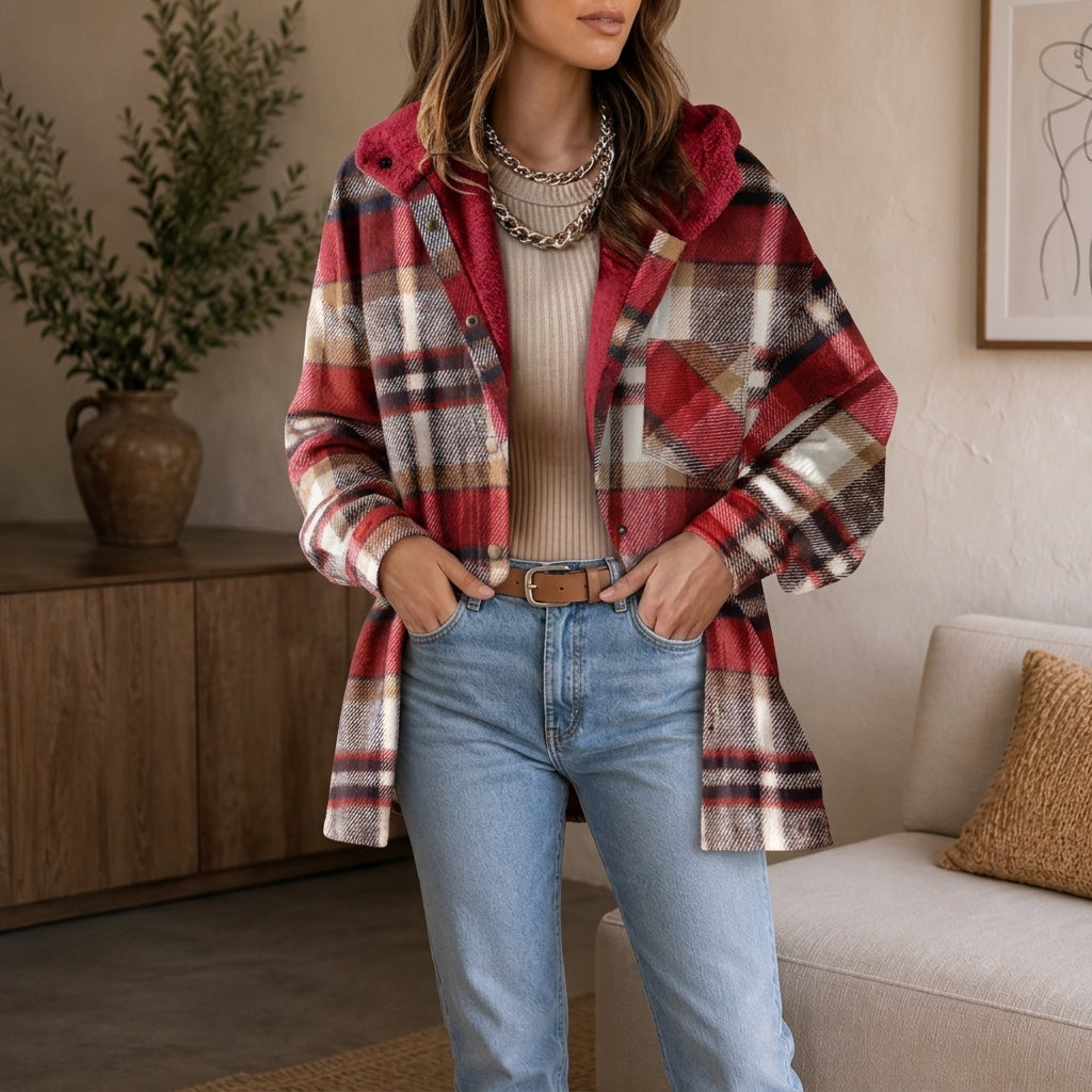 Hooded Plaid Flannel Shirt Jacket