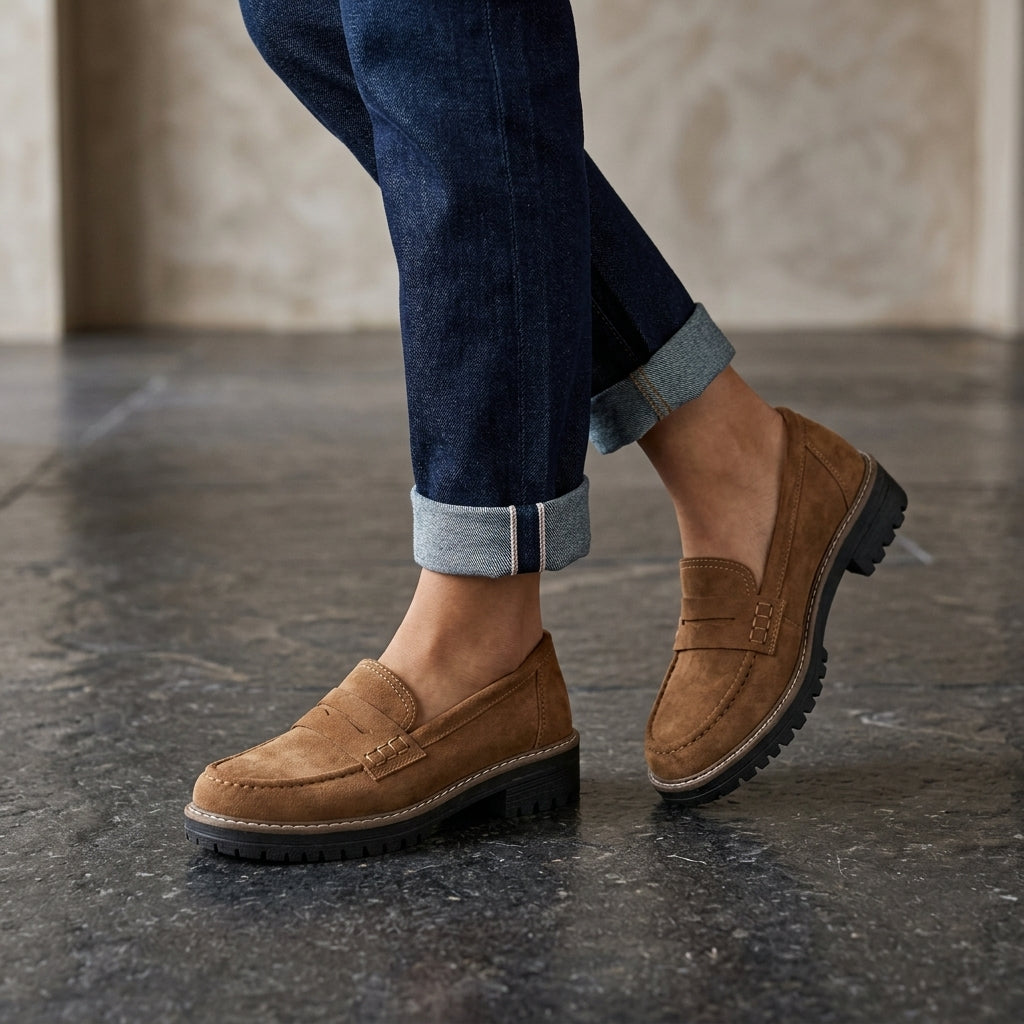 Leather Penny Loafers with Lug Sole