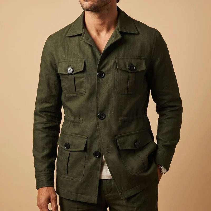 Linen Blend Safari Jacket with Four Pockets