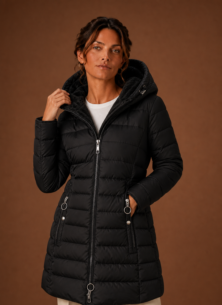 Long Hooded Puffer Coat with Faux Fur Lining