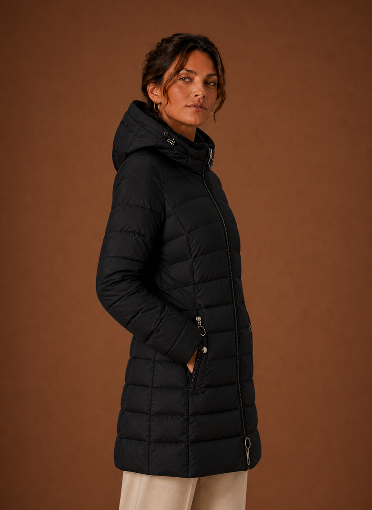 Long Hooded Puffer Coat with Faux Fur Lining