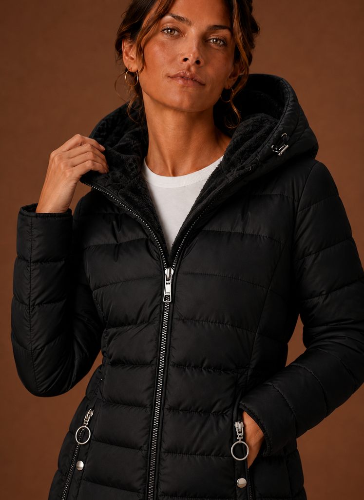 Long Hooded Puffer Coat with Faux Fur Lining
