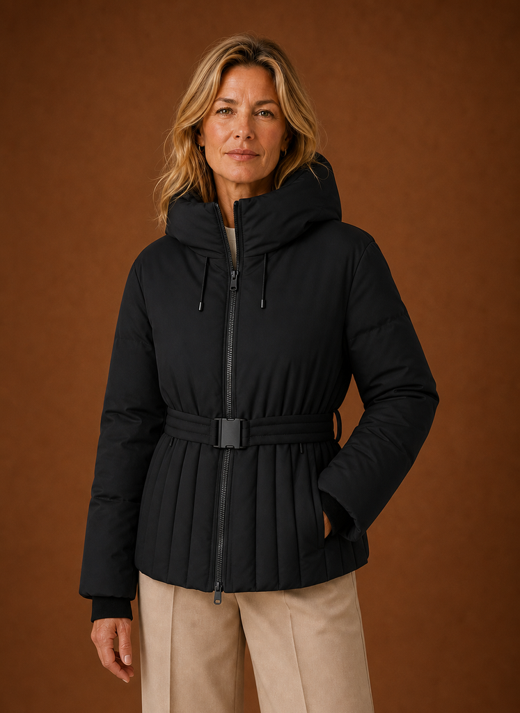 Quilted Hooded Jacket with Belted Waist