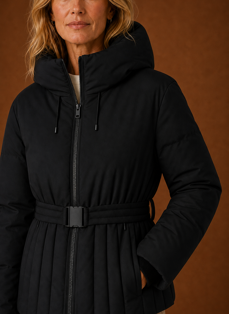 Quilted Hooded Jacket with Belted Waist