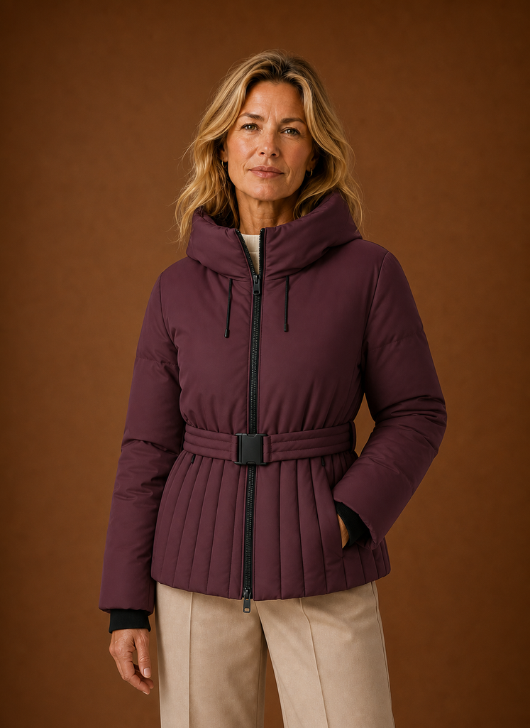 Quilted Hooded Jacket with Belted Waist