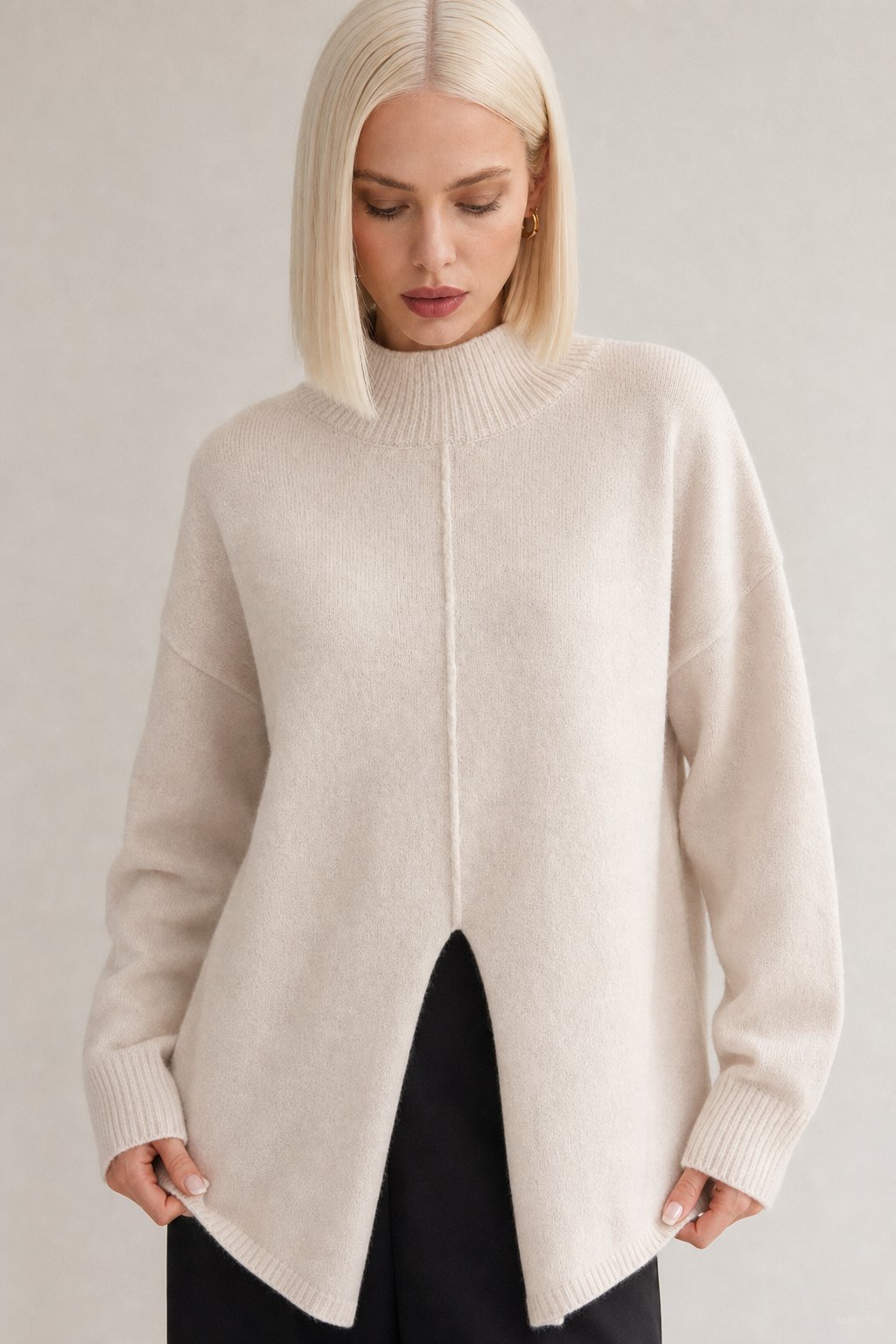 Relaxed Fit Knit Turtleneck Sweater with Front Split Hem