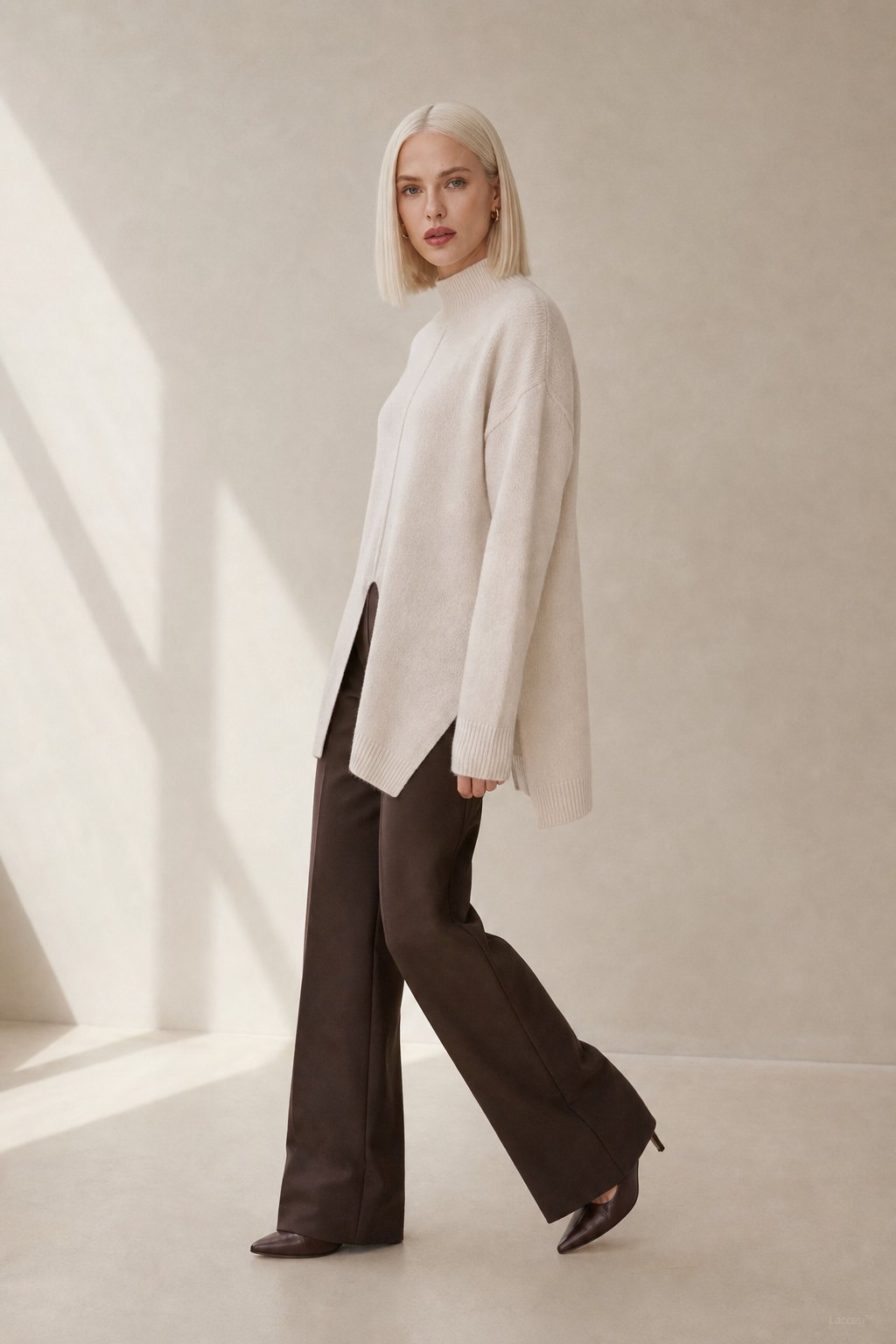Relaxed Fit Knit Turtleneck Sweater with Front Split Hem