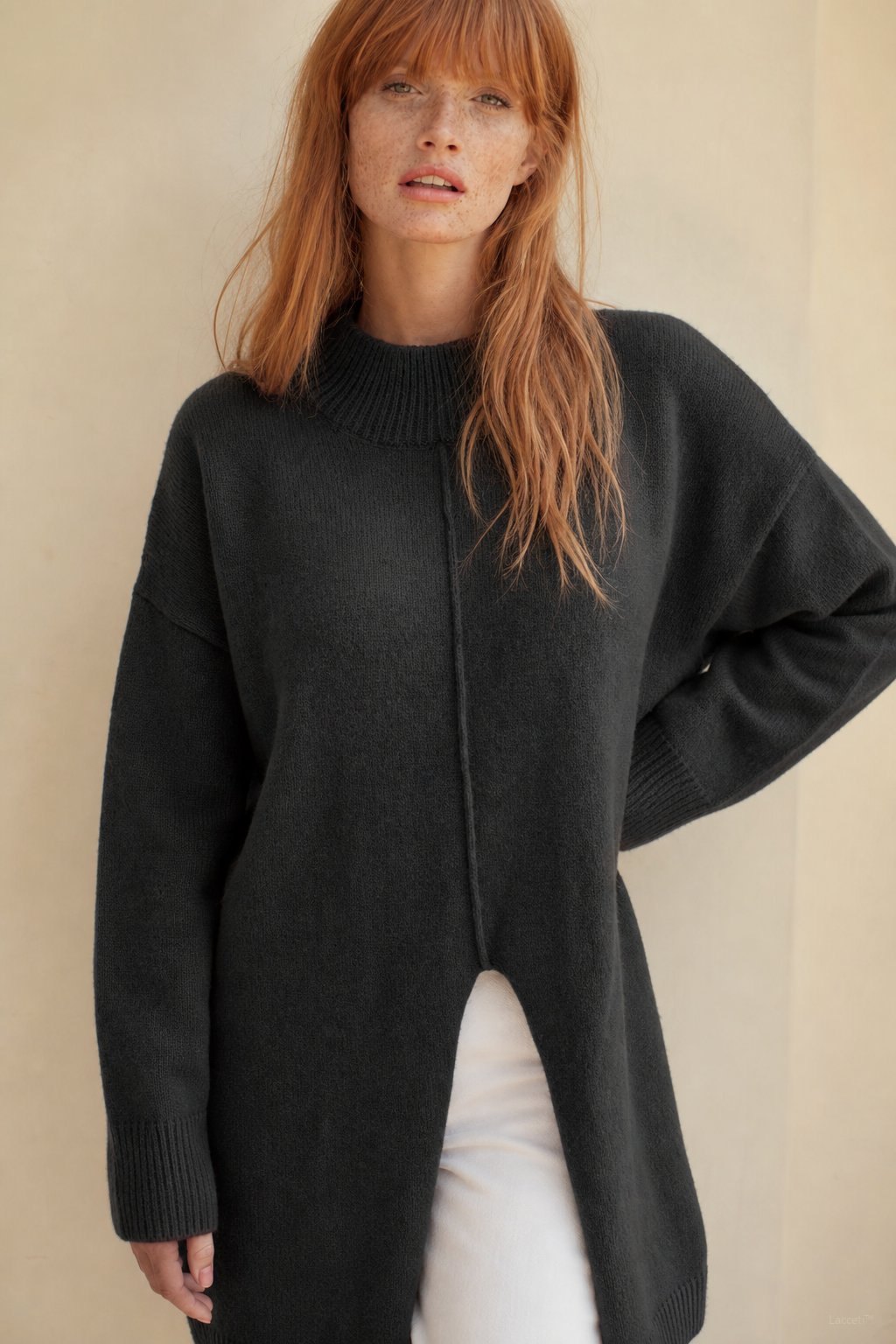 Relaxed Fit Knit Turtleneck Sweater with Front Split Hem
