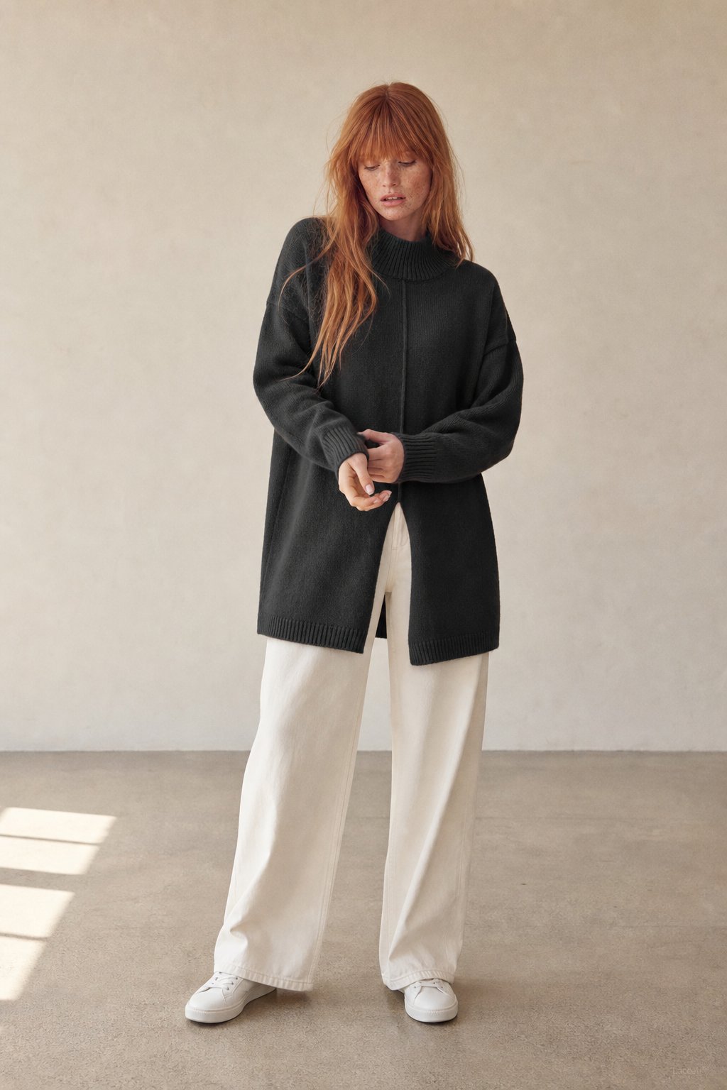 Relaxed Fit Knit Turtleneck Sweater with Front Split Hem