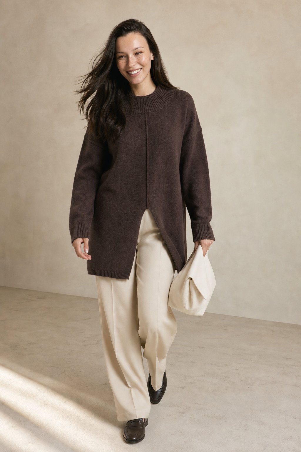 Relaxed Fit Knit Turtleneck Sweater with Front Split Hem