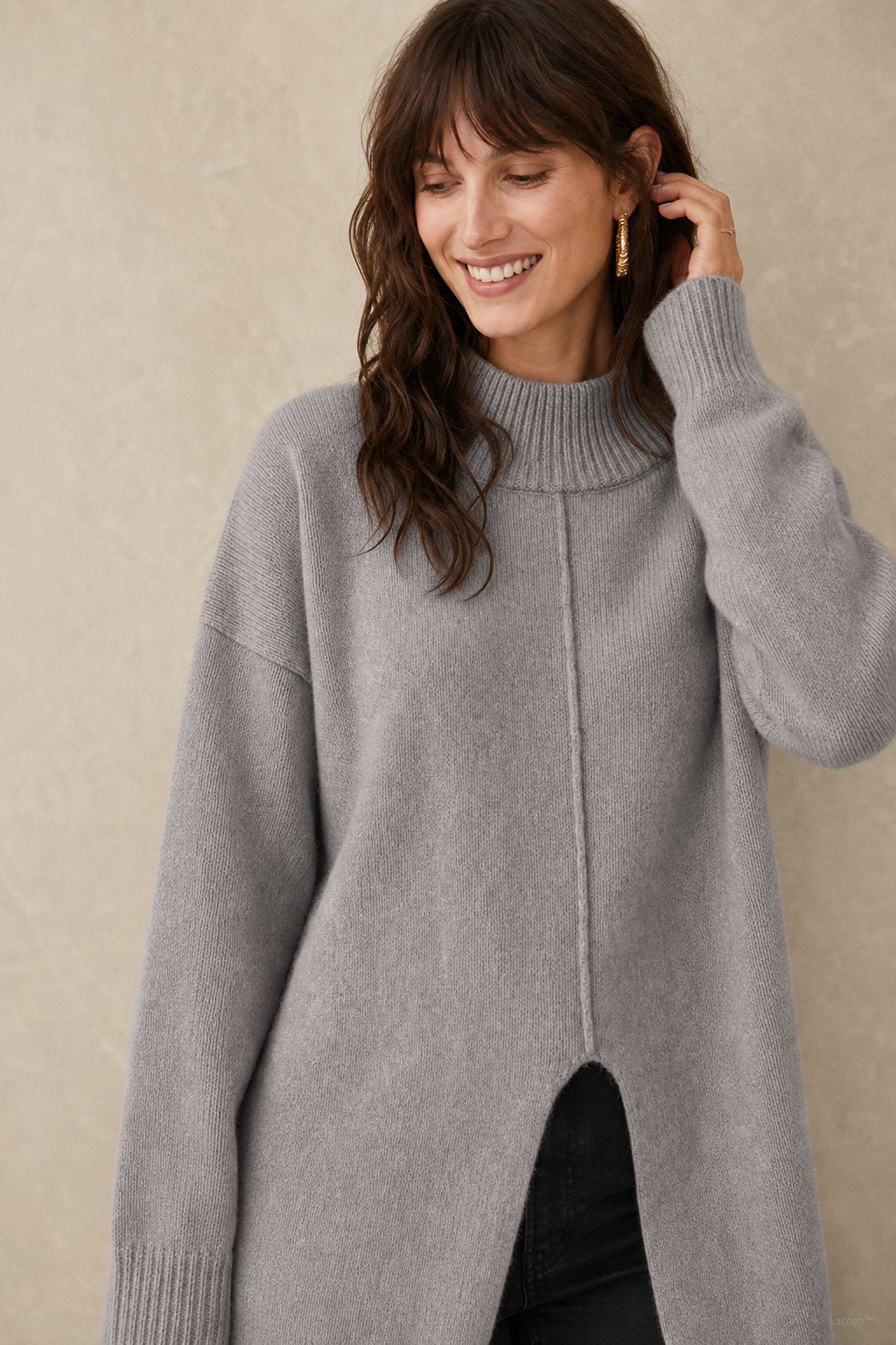 Relaxed Fit Knit Turtleneck Sweater with Front Split Hem