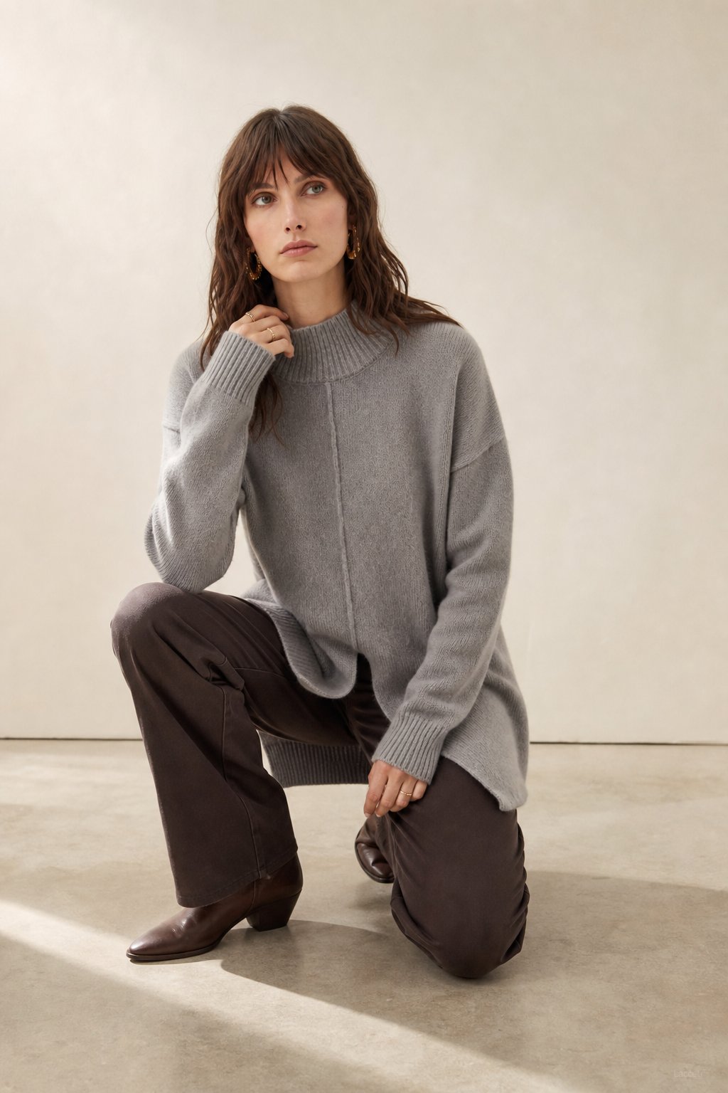 Relaxed Fit Knit Turtleneck Sweater with Front Split Hem