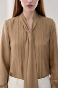 Relaxed Fit Lyocell Wool Blend Tie Neck Blouse