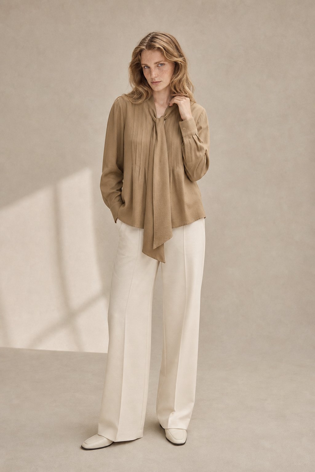 Relaxed Fit Lyocell Wool Blend Tie Neck Blouse