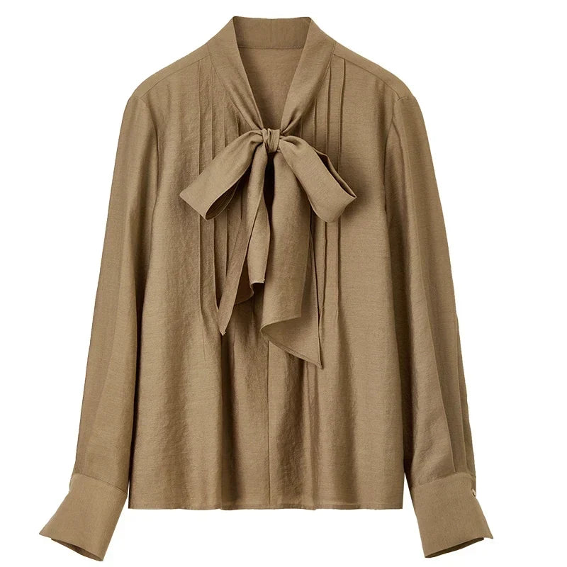 Relaxed Fit Lyocell Wool Blend Tie Neck Blouse