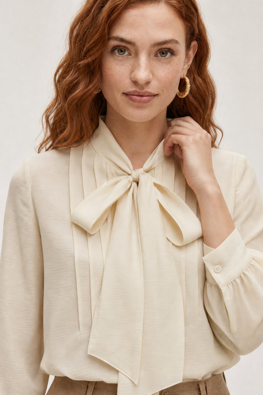 Relaxed Fit Lyocell Wool Blend Tie Neck Blouse