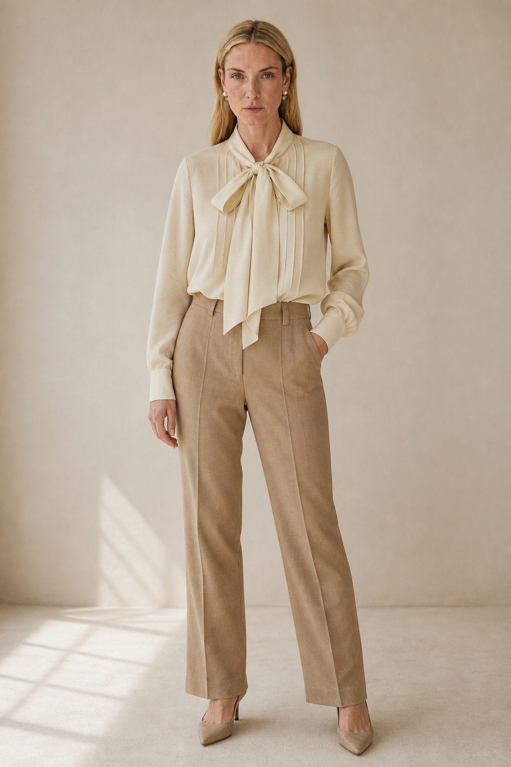 Relaxed Fit Lyocell Wool Blend Tie Neck Blouse