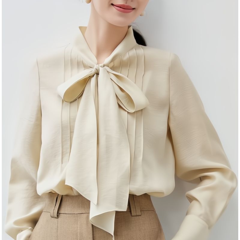 Relaxed Fit Lyocell Wool Blend Tie Neck Blouse