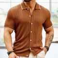 Relaxed Fit Textured Knit Button Front Polo Shirt