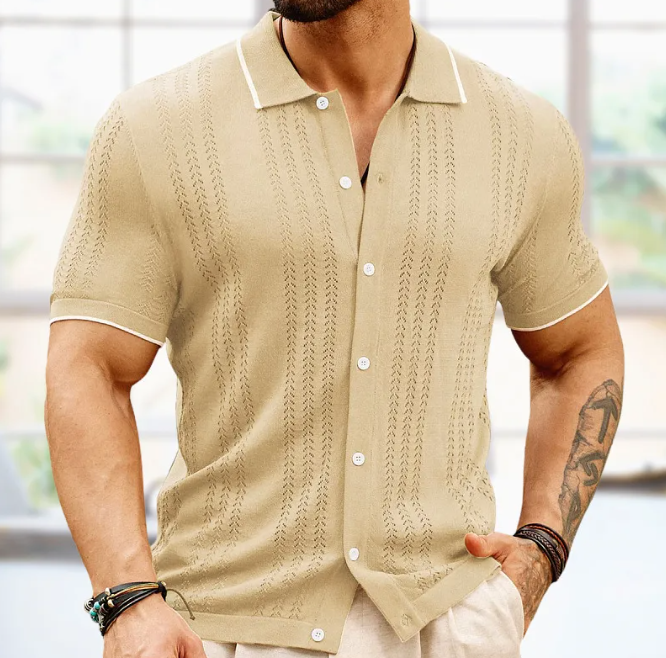 Relaxed Fit Textured Knit Button Front Polo Shirt