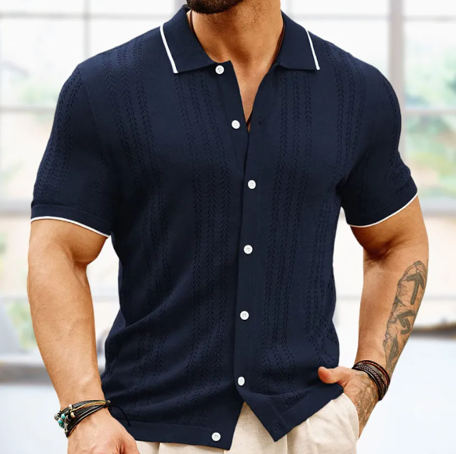 Relaxed Fit Textured Knit Button Front Polo Shirt
