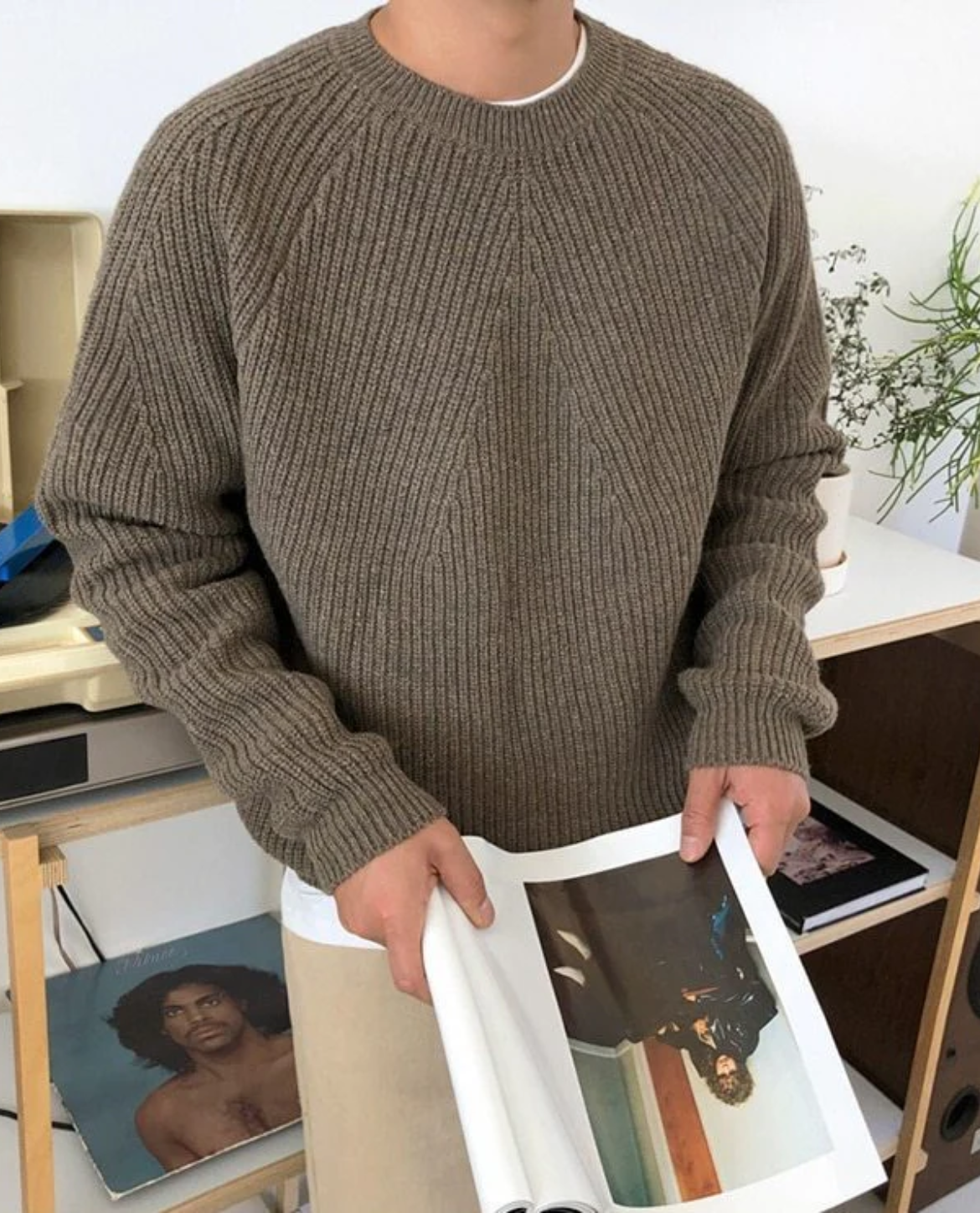 Ribbed Cotton Knit Crew Neck Sweater