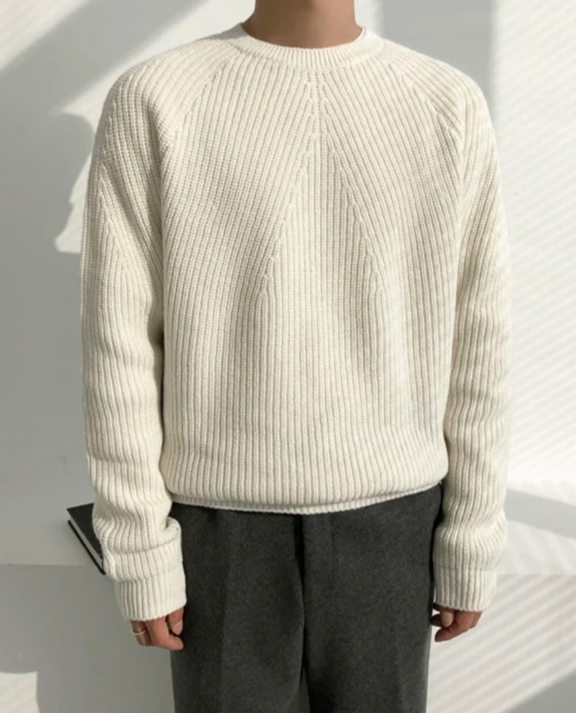 Ribbed Cotton Knit Crew Neck Sweater
