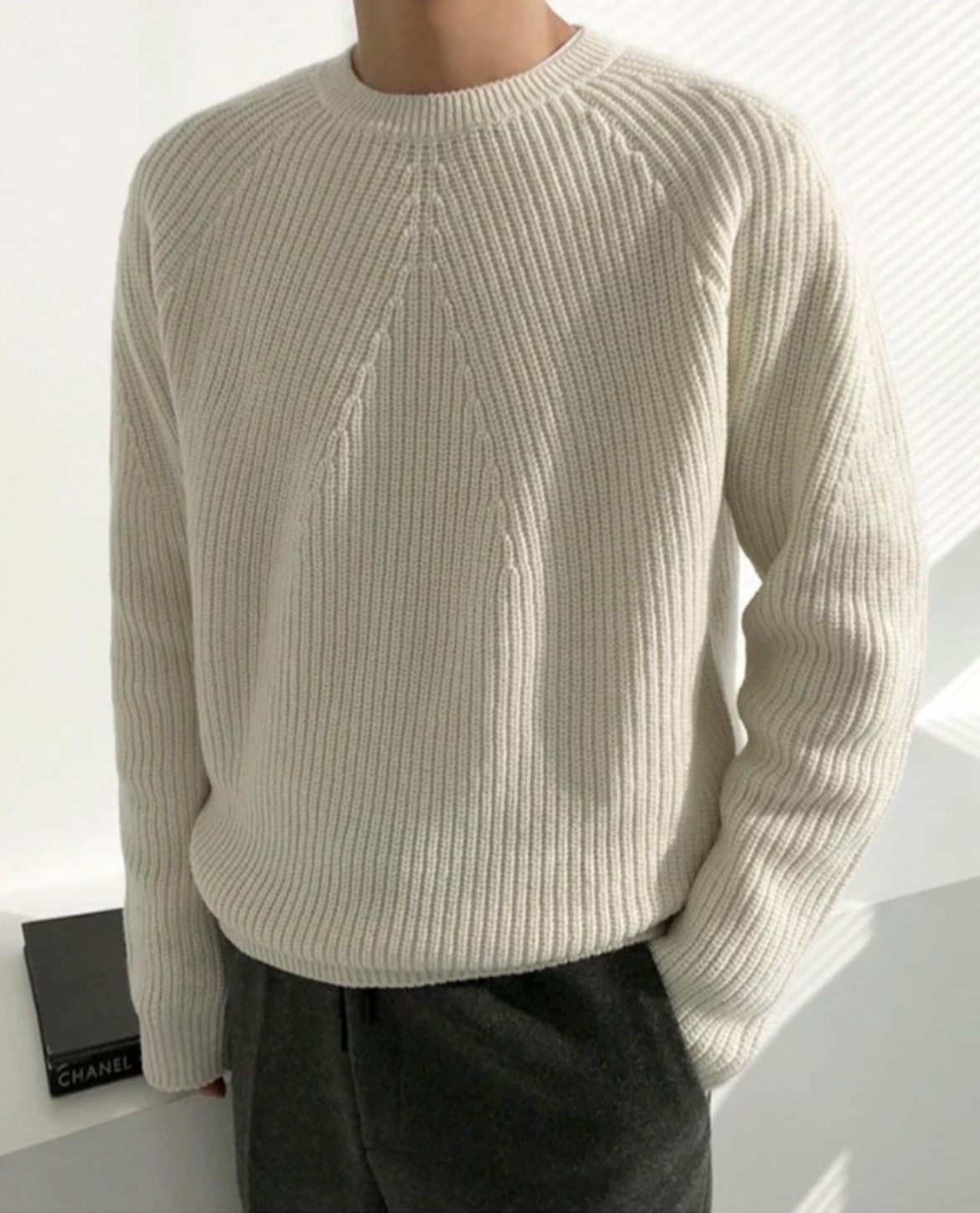 Ribbed Cotton Knit Crew Neck Sweater
