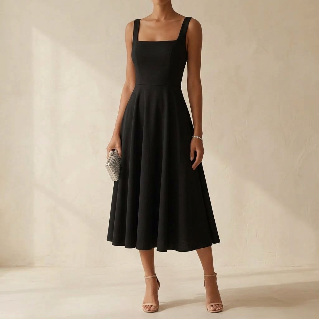 Square Neck Stretch A Line Midi Dress