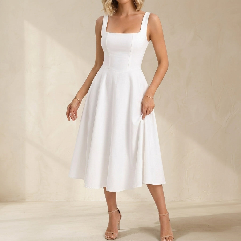 Square Neck Stretch A Line Midi Dress
