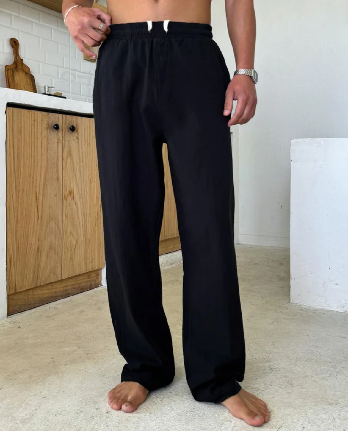 Straight Leg Linen Blend Pants with Elastic Waist