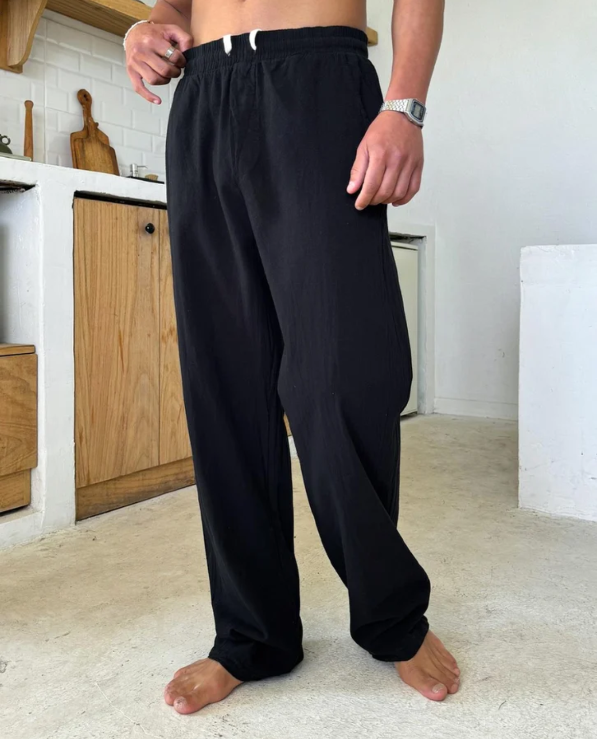 Straight Leg Linen Blend Pants with Elastic Waist