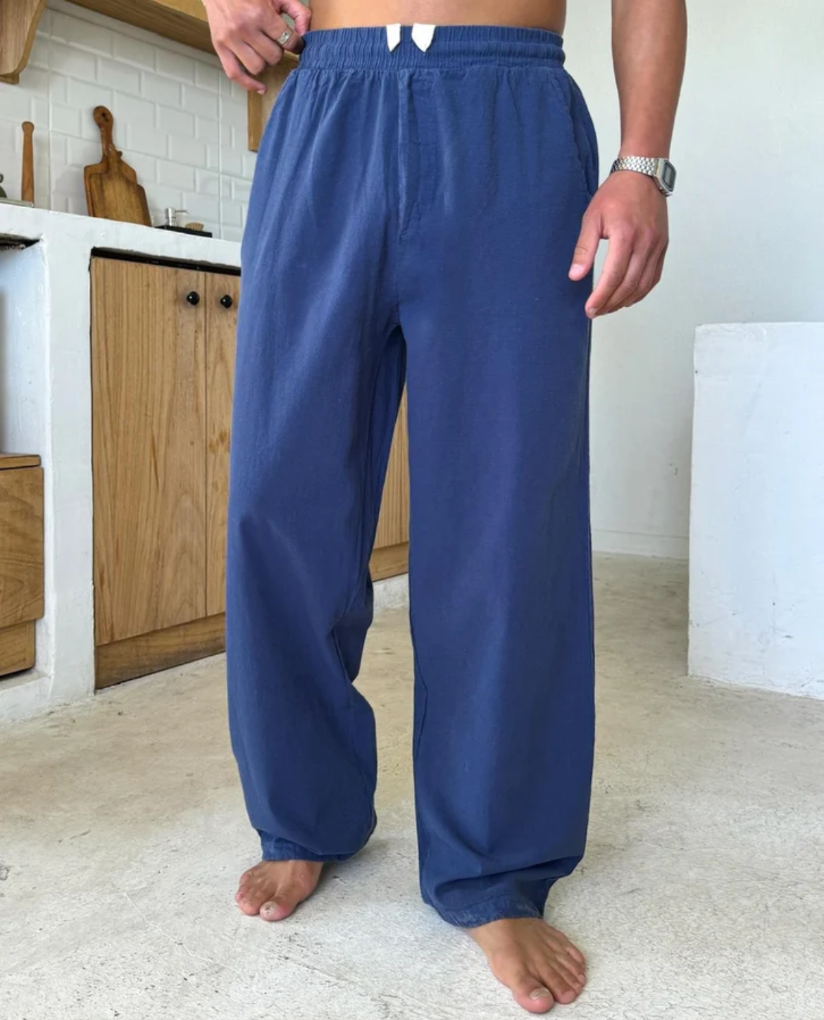 Straight Leg Linen Blend Pants with Elastic Waist