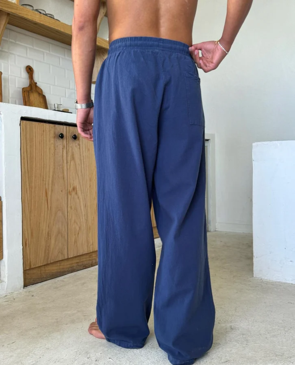 Straight Leg Linen Blend Pants with Elastic Waist