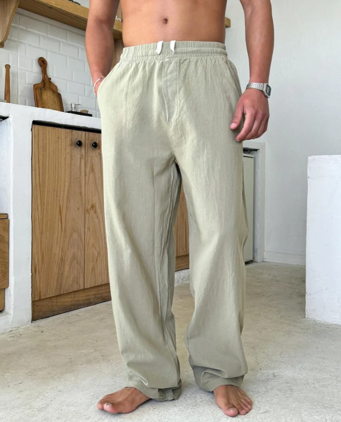 Straight Leg Linen Blend Pants with Elastic Waist