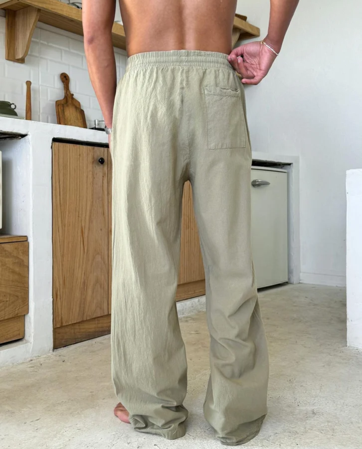 Straight Leg Linen Blend Pants with Elastic Waist