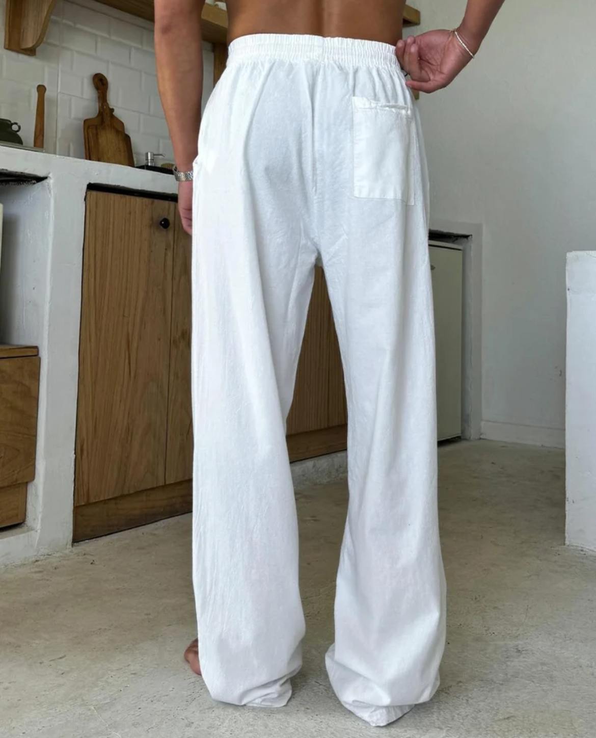 Straight Leg Linen Blend Pants with Elastic Waist