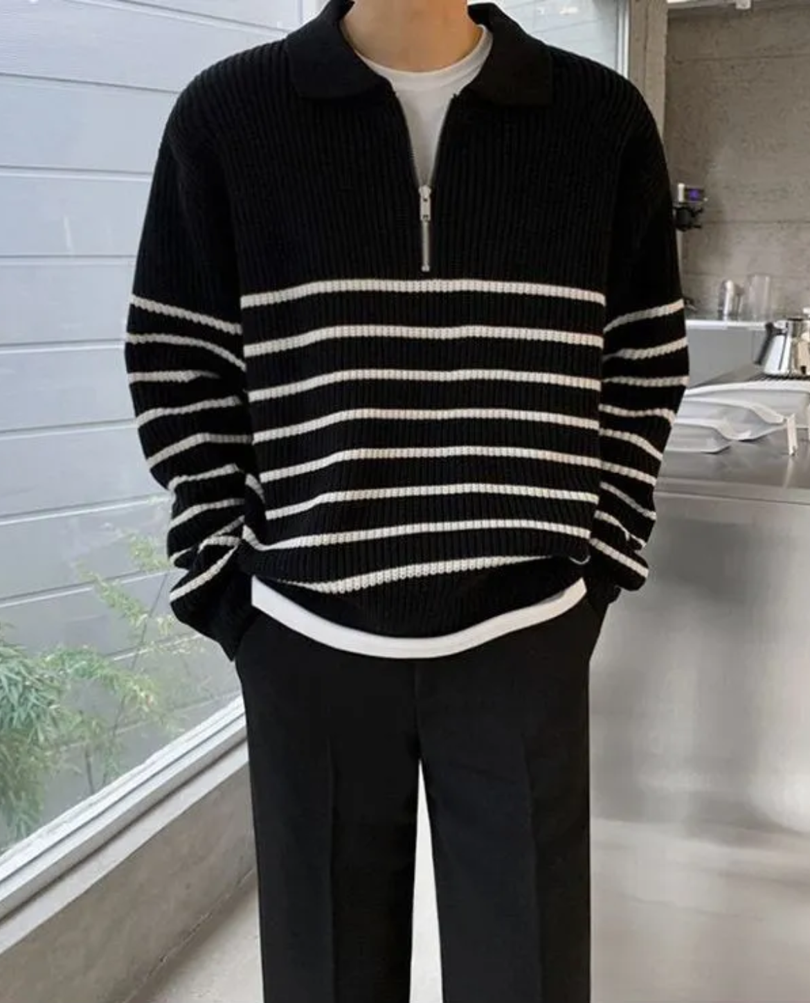 Striped Cotton Knit Quarter Zip Sweater