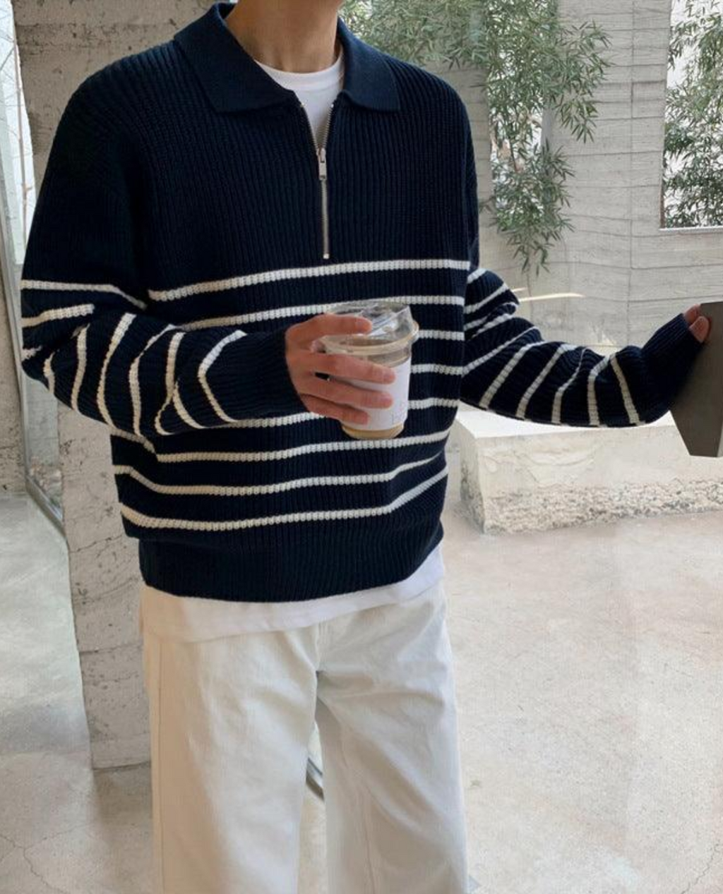 Striped Cotton Knit Quarter Zip Sweater