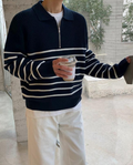 Striped Cotton Knit Quarter Zip Sweater