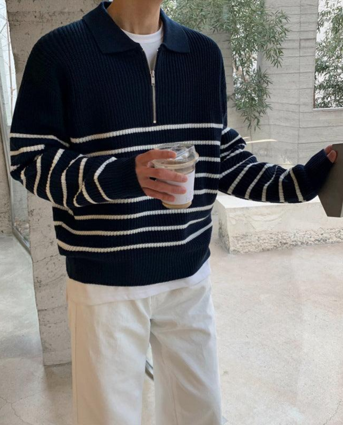 Striped Cotton Knit Quarter Zip Sweater