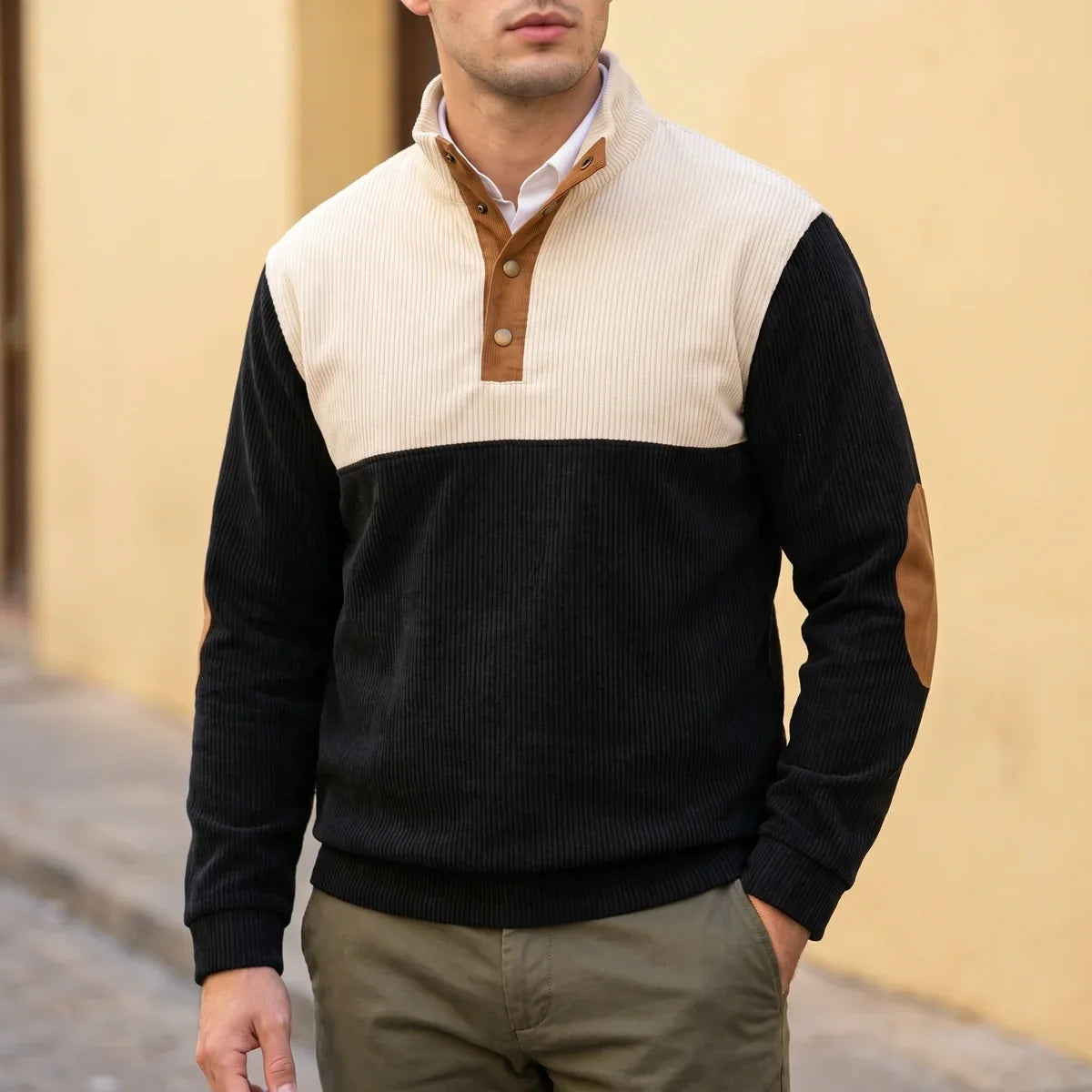 Two Tone Corduroy Knit Mock Neck Pullover